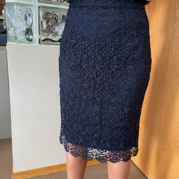 Uniqlo NAVY BLUE LACE Knee Length PENCIL SKIRT Small - Picture 14 of 14